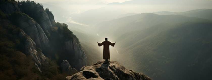 High atop a rugged mountain peak, a seeker of truth stands on the edge, yearning for reconciliation with God.