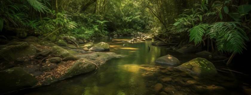 In the heart of the rainforest, a crystal-clear stream winds its way through lush greenery, glistening under the dappled sunlight.
