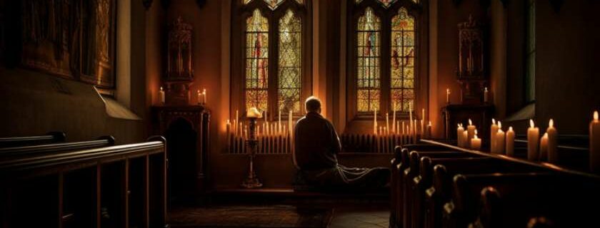 In the solitude of a dimly lit chapel, a weary soul seeks solace and reconciliation with God.
