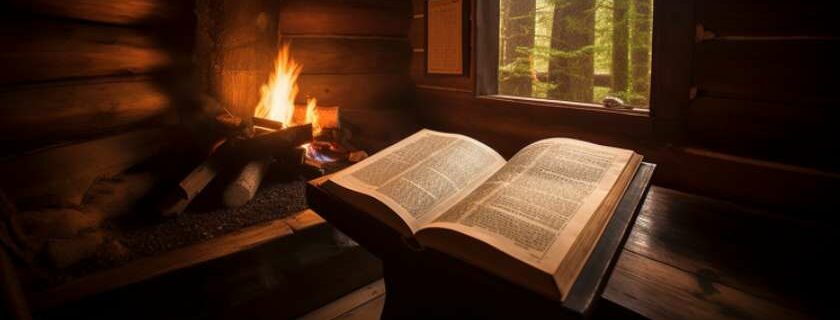 Inside a rustic wooden cabin nestled in the heart of the forest, a solitary figure sits by the fireplace engrossed in their bible study.