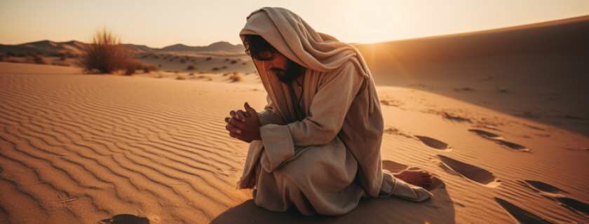 Jesus crouches low, his finger tracing lines in the sand with a sense of urgency.