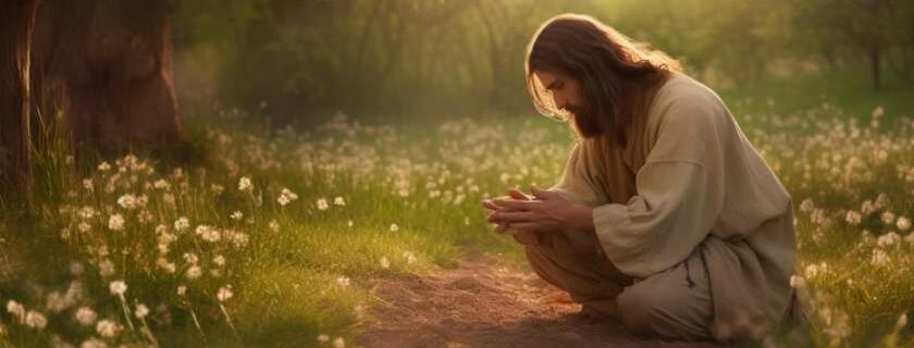 Jesus kneels on the earth, his fingers tracing intricate patterns in the dirt.