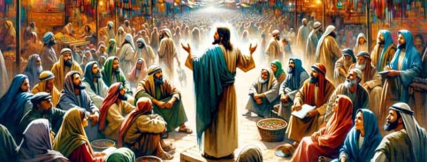 Jesus preaching in a bustling marketplace, surrounded by diverse people