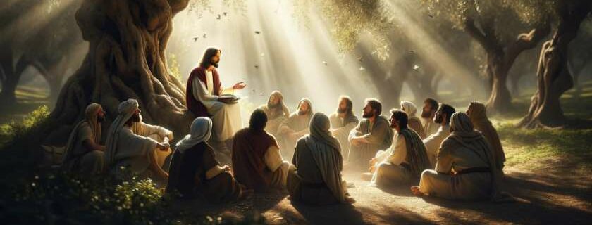 Jesus teaching a group of disciples under the shade of an ancient olive tree, sunlight filtering through the leaves, birds chirping softly