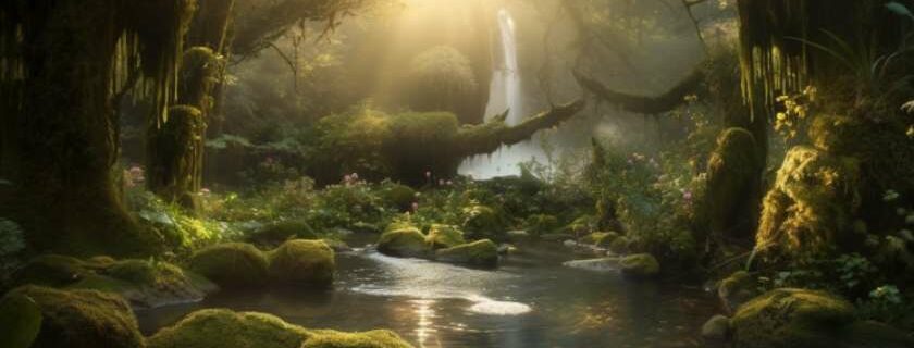 Nestled in the heart of a mystical forest, a magical spring of living water bubbles forth from the earth, its surface aglow with an ethereal light.