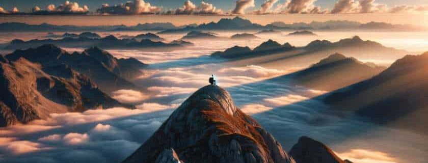 Perched on the summit of a majestic peak, a lone hiker gazes out over a vast sea of clouds
