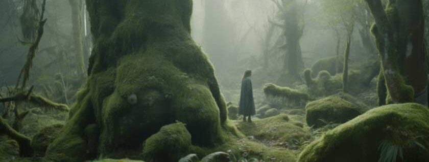 Within the depths of the ancient forest, a moss-covered stone stands sentinel amidst the towering trees.