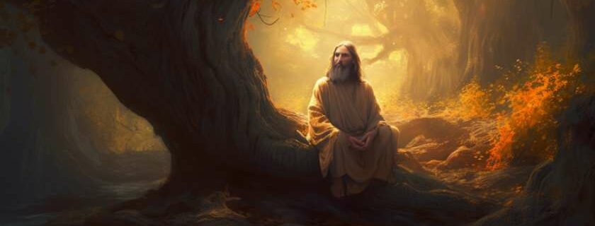 a digital illustration of Jesus Christ sitting beneath a sprawling tree