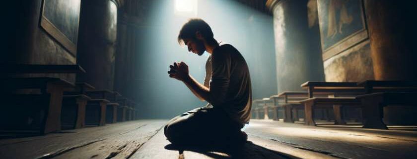a person praying bathed in soft light, kneeling on a weathered wooden floor of an ancient chapel, hands clasped tightly, eyes closed
