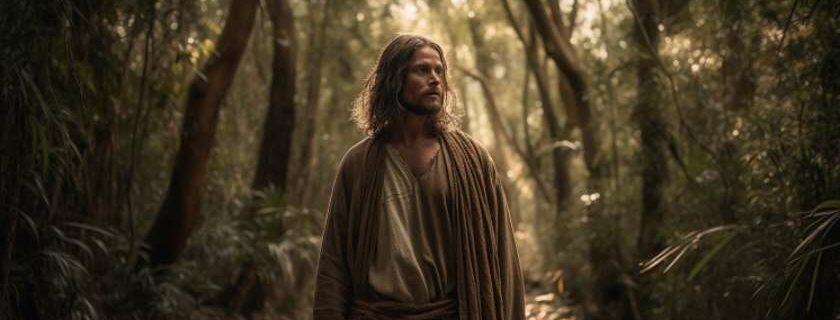a photography capturing Jesus Christ walking along a tranquil path in a forest