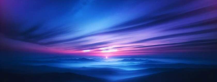 a view of the sky at dusk, with streaks of purple and blue stretching across the horizon