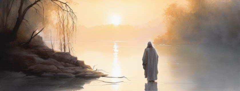 a watercolor illustration of Jesus Christ standing by a tranquil lake at dawn