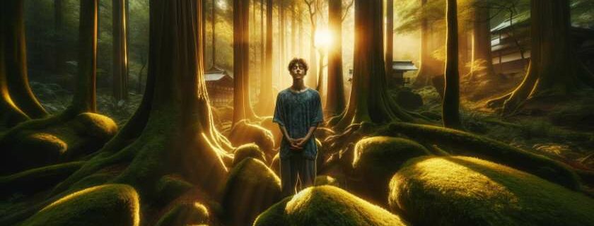 amidst a dense forest bathed in soft golden sunlight filtering through the canopy, a person stands with eyes closed, surrounded by ancient trees