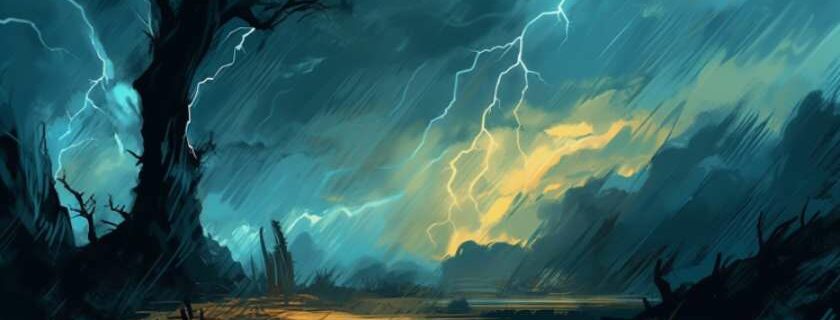 an illustration of a thunderstorm with swirling clouds and striking lightning, set against a dark, tumultuous sky.