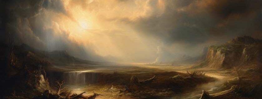 an oil painting capturing a thunderstorm, showcasing swirling clouds and dramatic light.