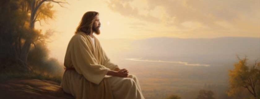 an oil painting of Jesus Christ seated on a hill