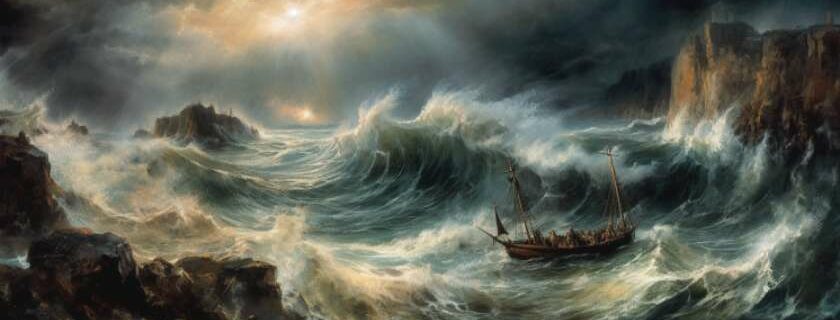 an oil painting of a stormy sea with towering waves and a lightning bolt striking down