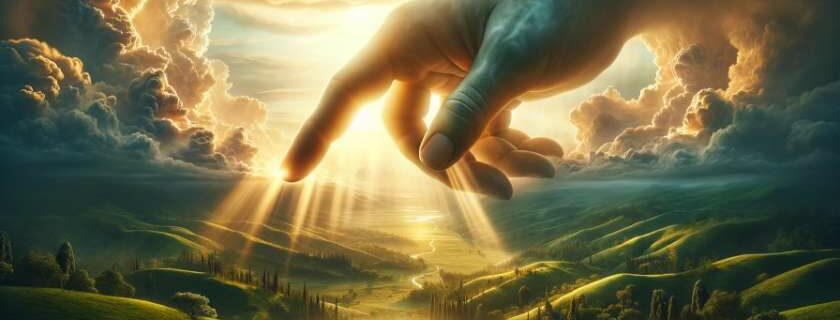hand emerging from the skies over green mountains and finger of god