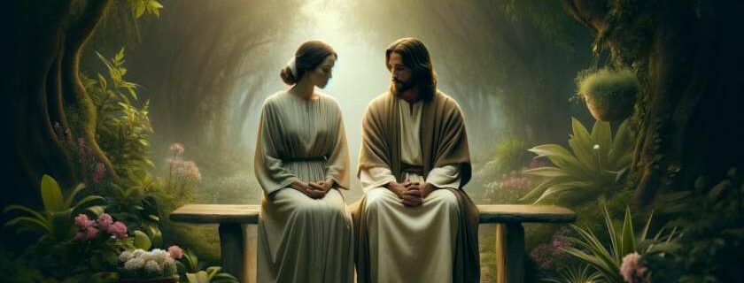 jesus sitting beside a woman in a garden and god is always with you bible verse