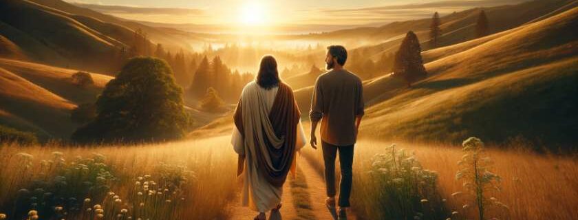 jesus walking with a person at sunset and god is always with you bible verse