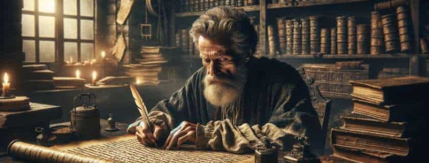 old man writing on an ancient scroll and prophecy meaning in the bible