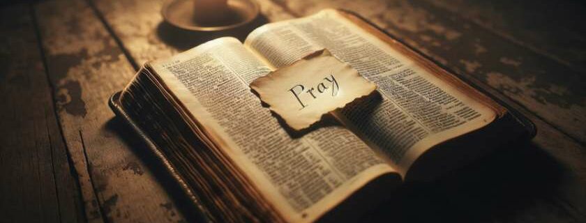 open bible on a weathered wooden table, illuminated by a soft candlelight, casting gentle shadows across the pages, with a piece of paper with handwritten word pray