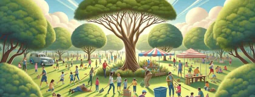 people in a large park with a big tree at the center and sharing the love of god