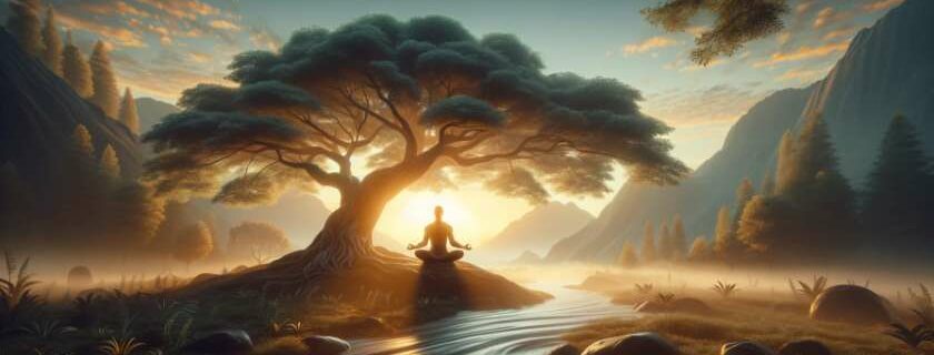 person meditating under a tree and mindfulness affirmations