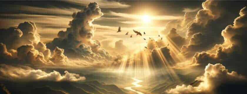 sky with golden rays piercing through fluffy clouds, casting ethereal light onto rolling hills below, a serene river winding