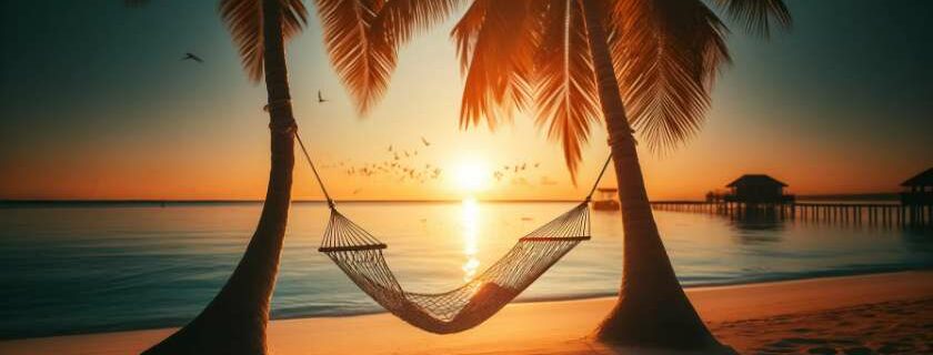 a hammock gently swaying between two palm trees on a pristine sandy beach, as the sun sets over the horizon, casting a warm orange glow