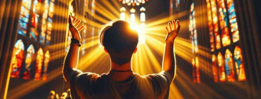 a person standing in a sunlit cathedral, bathed in golden light streaming through stained glass windows, hands raised