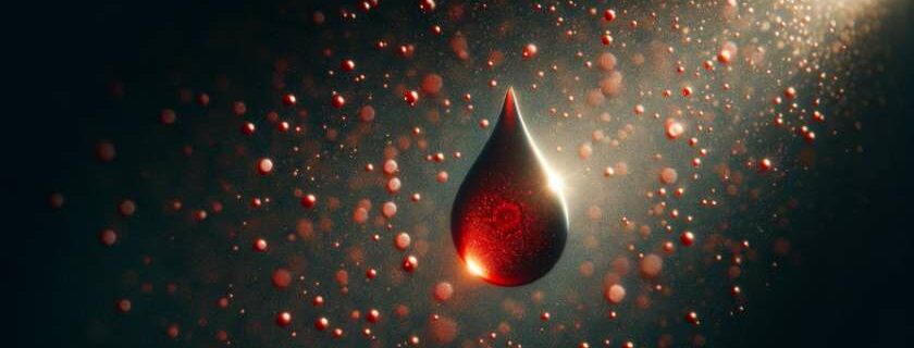 a single blood droplet suspended in midair, illuminated in a darkened room, reflecting light like a tiny ruby