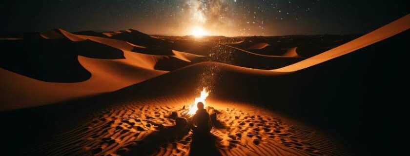 a traveler sitting by a crackling campfire in a vast desert landscape, with sand dunes stretching to the horizon and stars twinkling in the clear night sky